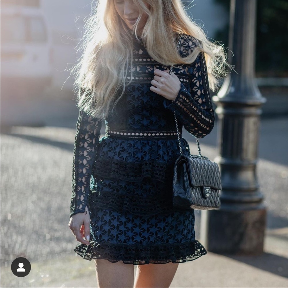 self portrait high neck star lace dress Self Portrait Mini Dress Small Navy Blue Black Star Lace Long Sleeve Tiered
